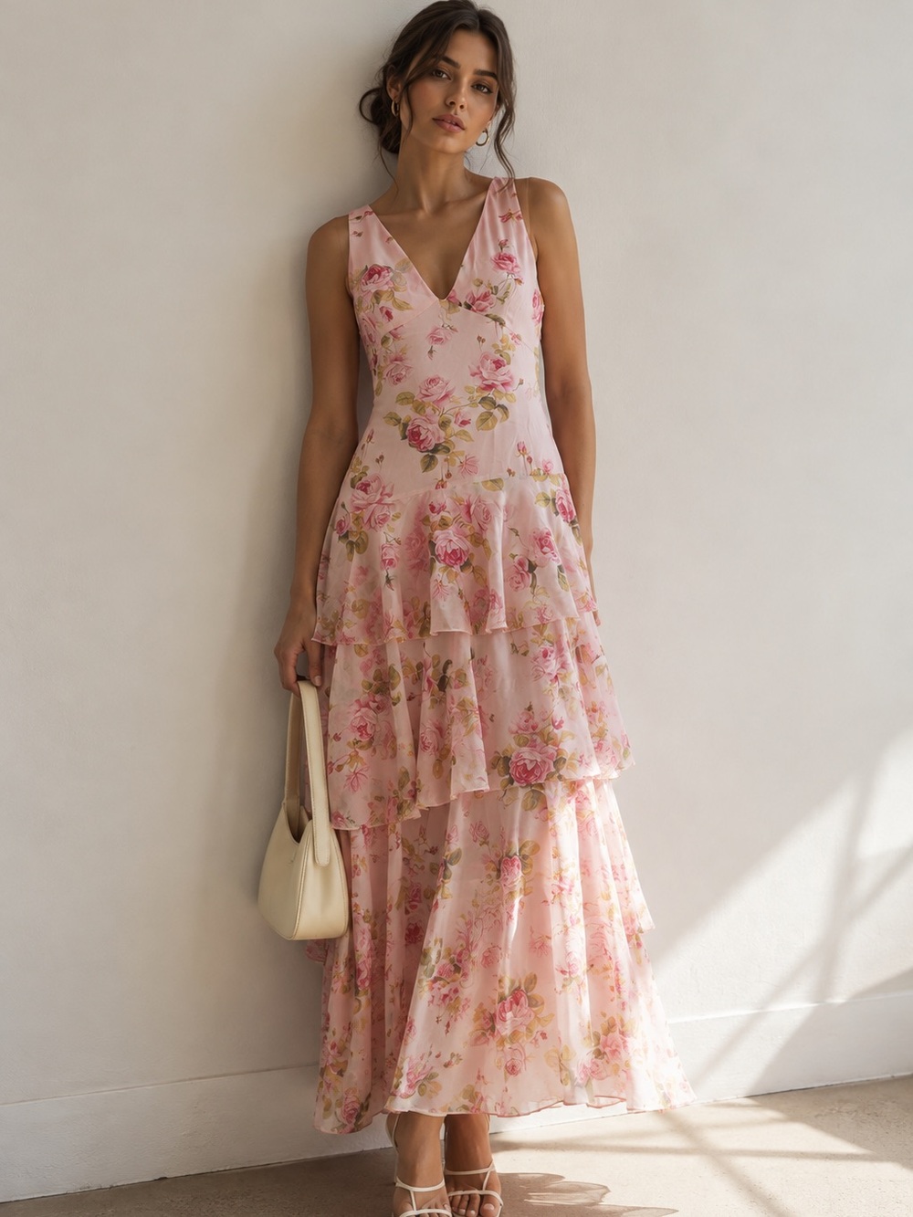SHEIN Pink Floral Tiered Maxi Dress | Romantic Cottagecore | NWOT | Size S